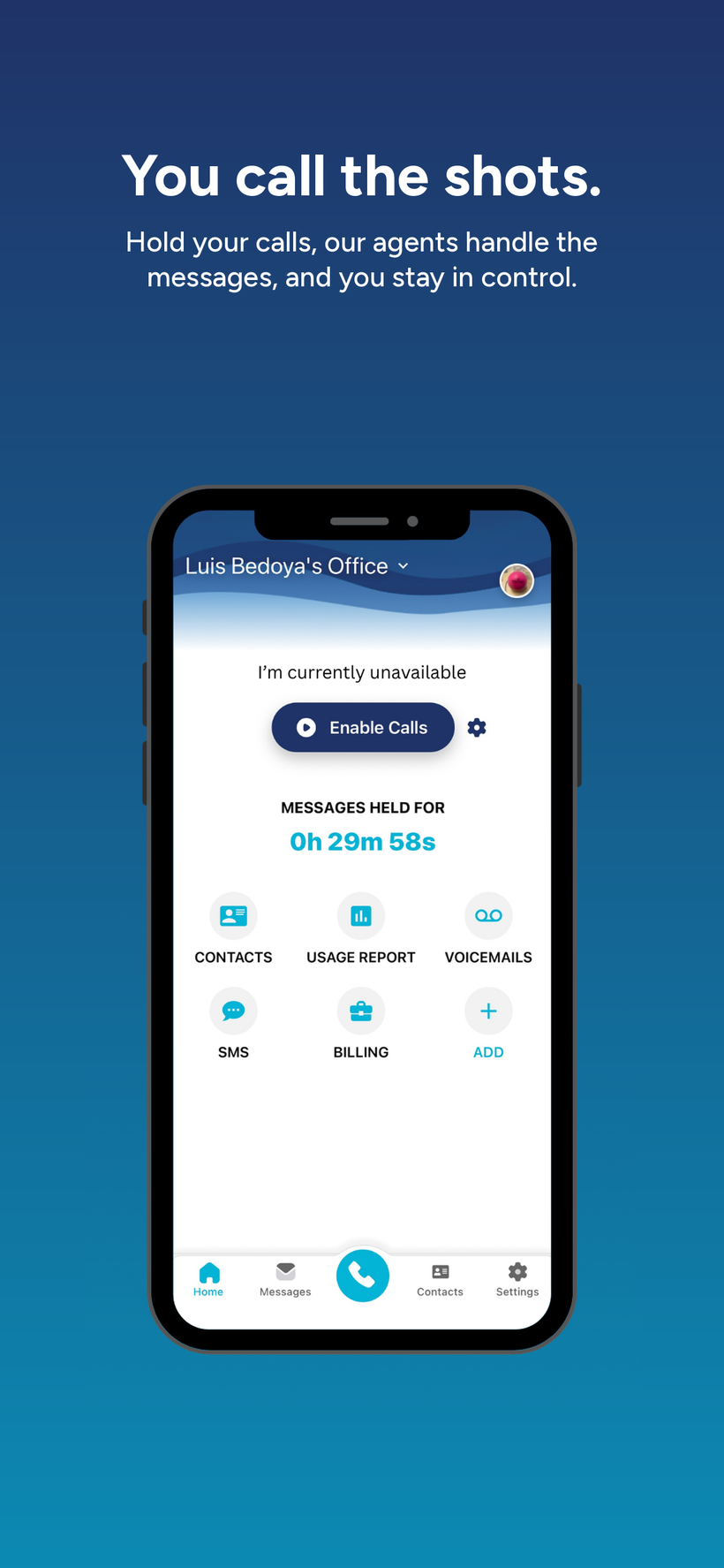 ASC mobile app home screen with calls held and a timer