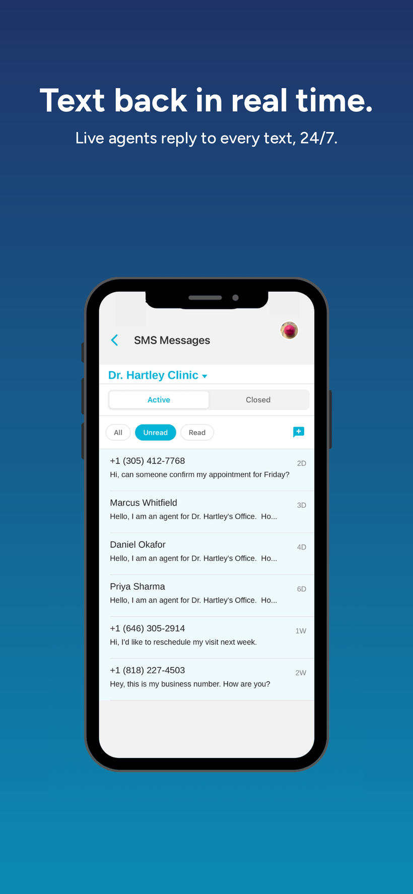 ASC mobile app SMS inbox with live agent replies