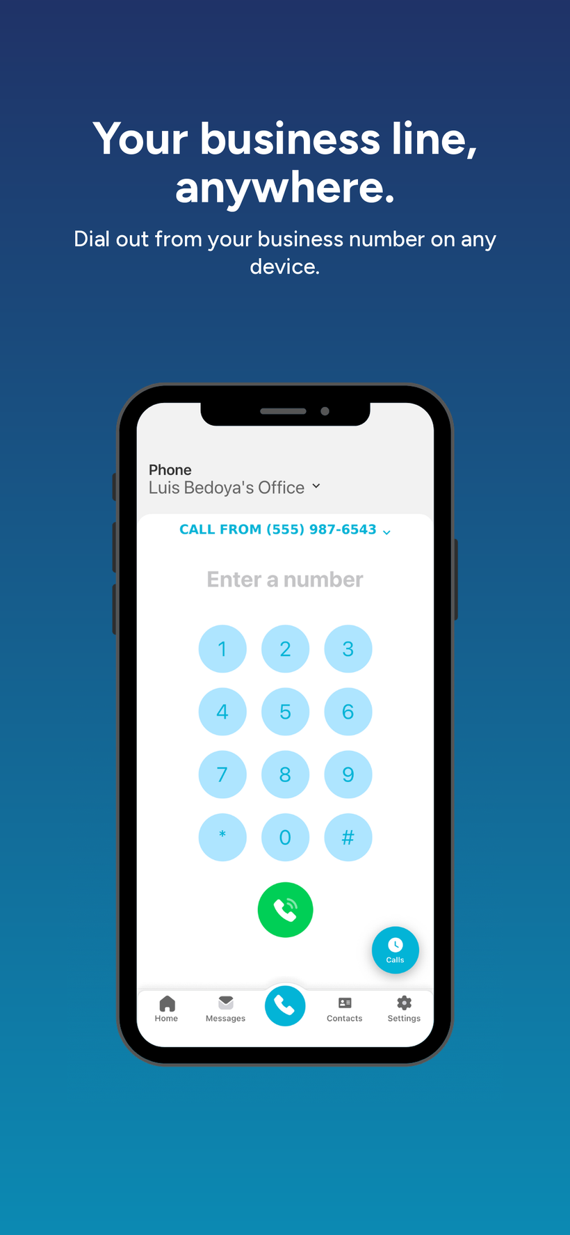 ASC mobile app dialer showing a business caller ID and keypad